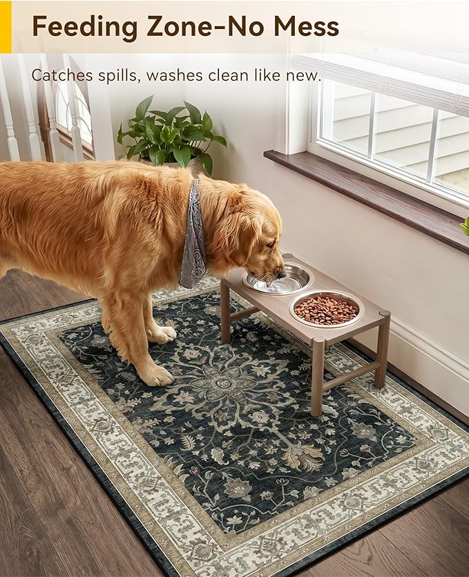 RELEANY Washable Area Rug, Small 2'x3', Black/Vintage/Beige | Non-Slip, Water Repellent, Pet Friendly, Easy to Clean, Vintage Floral Boho Decor for Kitchen Entryway Bathroom