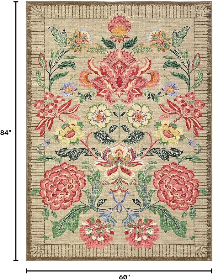 GarveeHome Floral Botanical Washable Rugs 5x7 Area Rug for Living Room, Camel Taupe Brown Vintage Boho Cottage Throw Rugs Low Pile Carpet for Bedroom Dining Nursery Rug