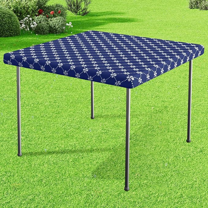 misaya Square Vinyl Table Cloth, Elastic Fitted Tablecloth with Flannel Backing, Waterproof Plastic Table Cover Fits Folding Tables for Picnic, Camping, Indoor and Outdoor (Navy, 34" x 34")