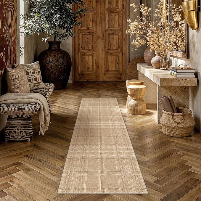 2x6 Brown Plaid Kitchen Runner Rug | Washable, Low Pile, Modern, Neutral, Soft, Non Slip, Rug for Hallway Bathroom Bedroom Nursery Indoor Home Decor