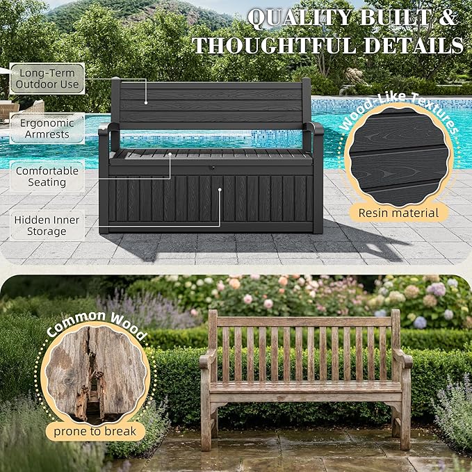 80 Gallon Outdoor Storage Box,Resin Stripes Deck Box Doubles as 2-Person Bench Seat,Waterproof Storage Outdoor Porch Bench for Cushions,Garden Tools and Pool Supplies Black