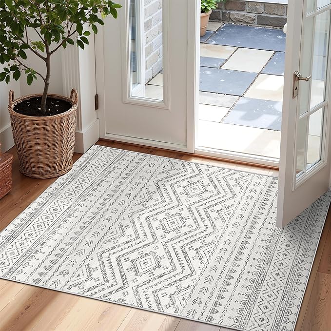 Miukiki 2x3 Entryway Rug Washable Non Slip Moroccan Area Rugs Grey | Soft Low Pile Kitchen Rug for Bedroom Bathroom Floor, Indoor Small Rug Easy Clean Machine Washable Rugs 2'x3'
