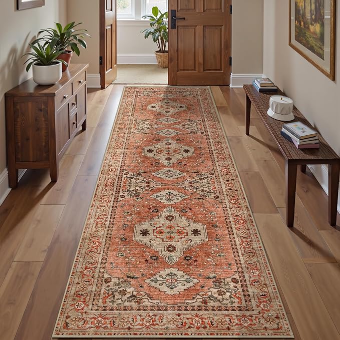 Tangsoo Boho 2.6x8 Washable Runner Rugs for Hallway, Runner Rug Non Slip | Vintage Soft Low Pile 8ft Long Runner Rug, Oriental Terracotta Carpet Runners for Kitchen Bedroom Entryway Living Room Decor