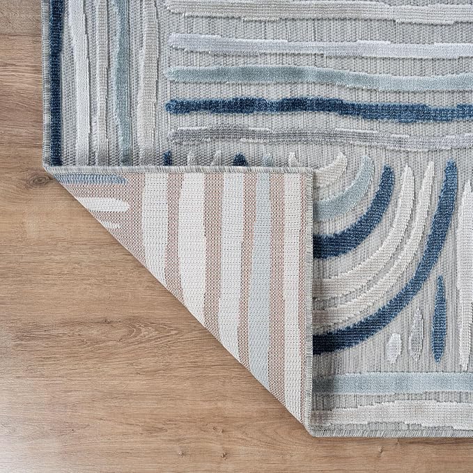 CAMILSON Indoor Outdoor Rug, Blue 10x14 Geometric Arch Striped Large Area Rugs for Patio and Home Areas, Easy-Cleaning Non-Shedding Living Room, Garden and Deck Washable Outside Carpet (10 x 14)
