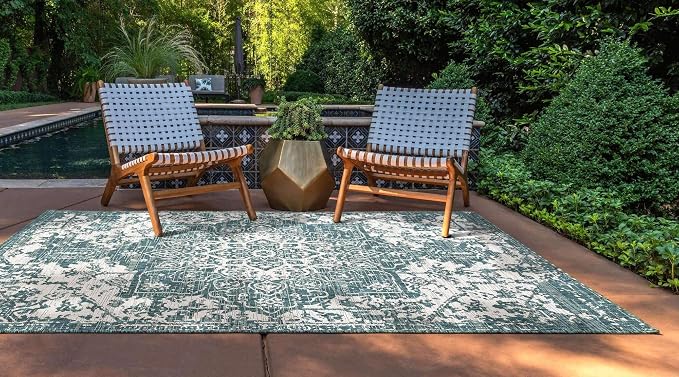 Unique Loom Outdoor Collection Area Rug - Dubai (9' x 12' Rectangle, Teal/ Ivory)