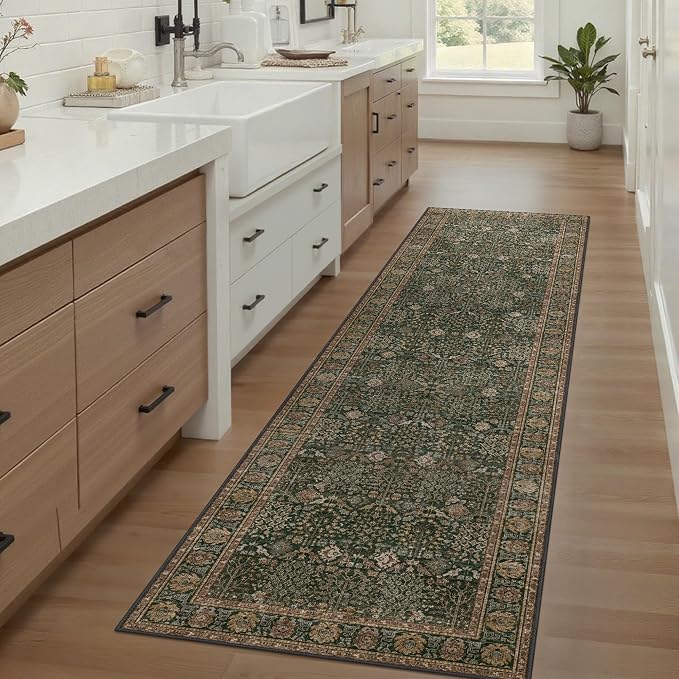 2x8 Kitchen Runner Rug, Washable Non Slip, Dark Green Brown | Vintage Floral, Spill Resistant, Lightweight Low Pile Carpet for Hallway, Bedroom, Laundry Room and Bathroom