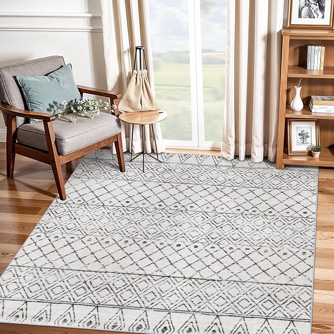 Washable Square 4x4 Moroccan Rug:Modern Boho Non Slip Area Rugs Grey | Geometric Print Carpet for Bedroom Living Room Dining Room Low Pile Easy Clean - Floor Mat for Family with Pets