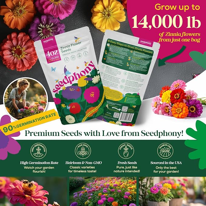 Seedphony Zinnia Seeds Pack 4 oz - 15,300 Non-GMO Heirloom Zinnia Seeds for Planting, Perennial Flowers in Waterproof Seed Packet, Wildflower Seeds for Planting Garden Indoor & Outdoor Gardening