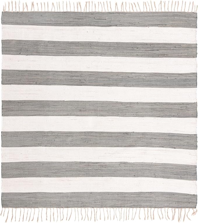 Unique Loom Chindi Rag Collection Area Rug - Striped (7' 10" Square, Gray/ Ivory)