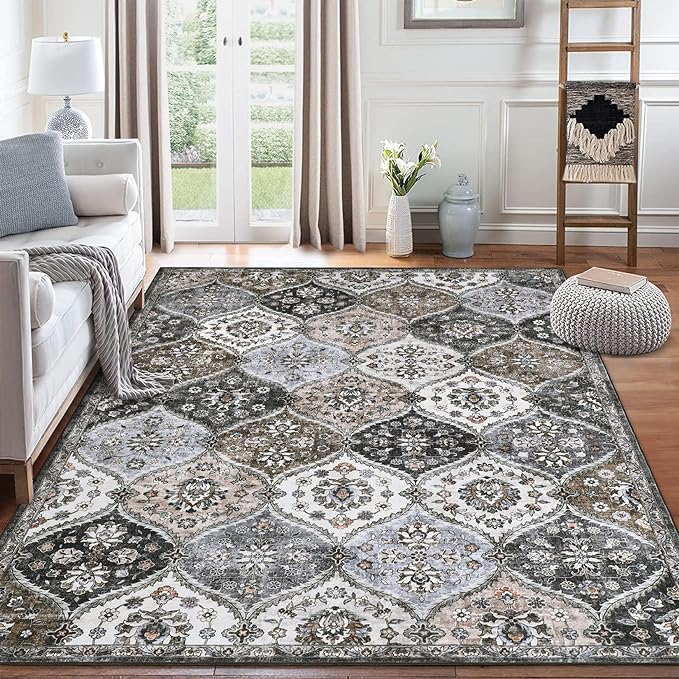 ROYHOME 8x10 Area Rug Moroccan Trellis Machine Washable Rug, Grey/Taupe | Vintage Medallion Distressed Indoor Accent Rug Stain Resistant Non-Slip Floor Cover Carpet for Living Room Bedroom