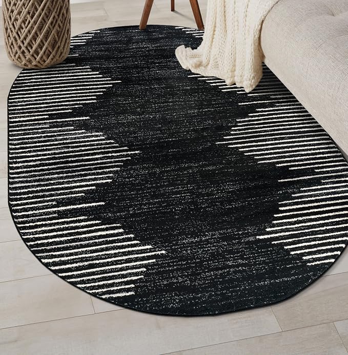 Rugshop Bohemian Stripe Stain Resistant High Traffic Oval Rug Black 5' x 7' | Oval, Size 5' x 7', Living Room, Bedroom, Dining Room, Home Office, Kitchen, Entryway, Hallway, Nursery, Kids Room