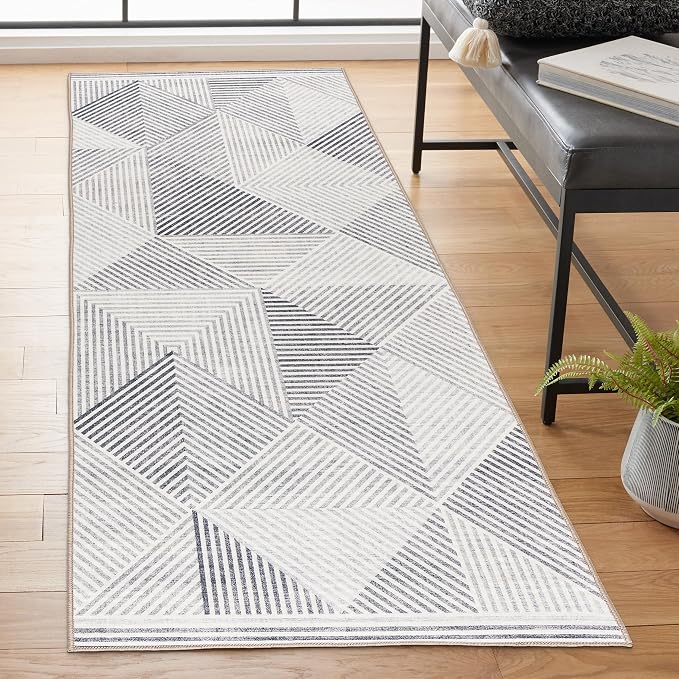 Machine Washable Area Rug Runner - Living Room Bedroom Bathroom Kitchen Entryway Office - Padded Low Pile Stain Resistant Premium - Modern Geometric Contemporary - Miles - Gray 2'6" x 8'