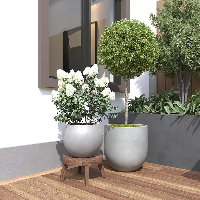 DTY Premium Mt Sherman Fiberstone Sphere Planter for Indoor Outdoor Use, Round Pot for Olive Tree, Lightweight, Smooth Finishes. 2 Extra Coco Mats. Gray, Medium 16.1'' D x 13.6'' H. 11.8” Pot Opening