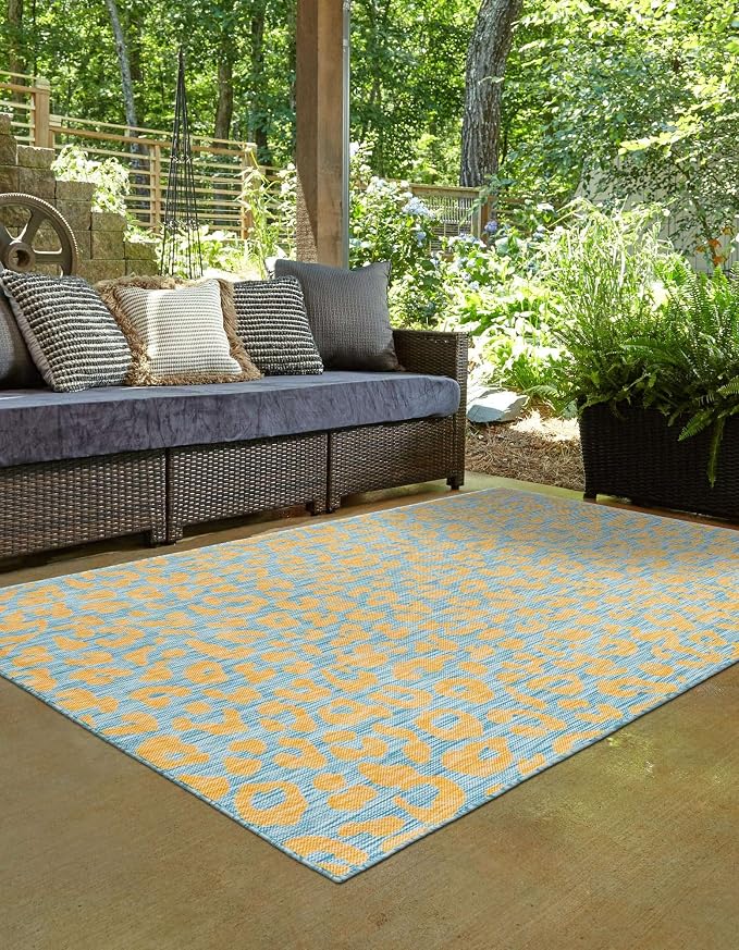 Unique Loom Outdoor Safari Collection Area Rug - Leopard (7' 10" x 11' Rectangle, Blue Yellow/ Blue)