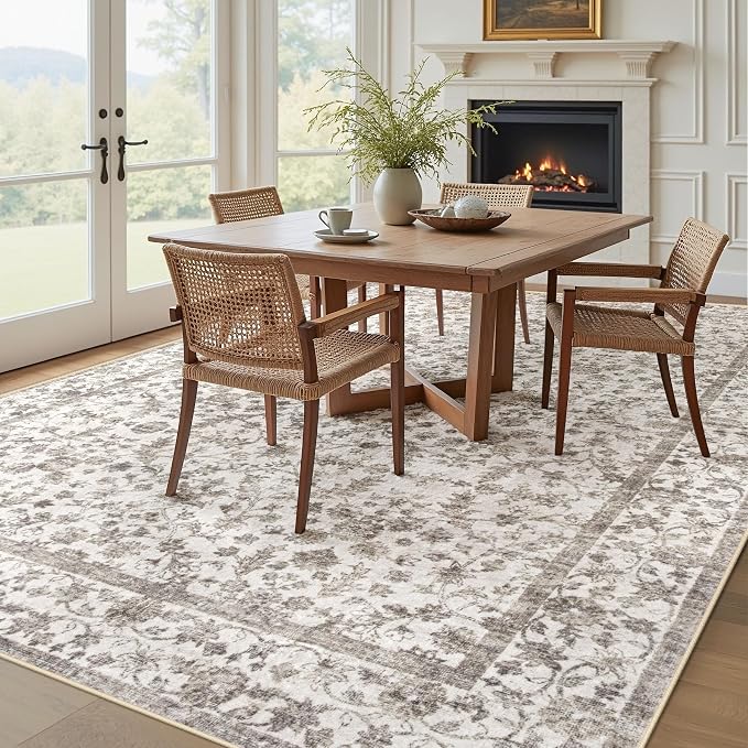Living Room Rugs 8x10: Washable Moroccan Geometric Boho Rug Farmhouse Non Slip Stain Resistant Large Rug Low Pile Soft Carpet for Bedroom Dining Room Children Room (Grey Floral,8'x10')
