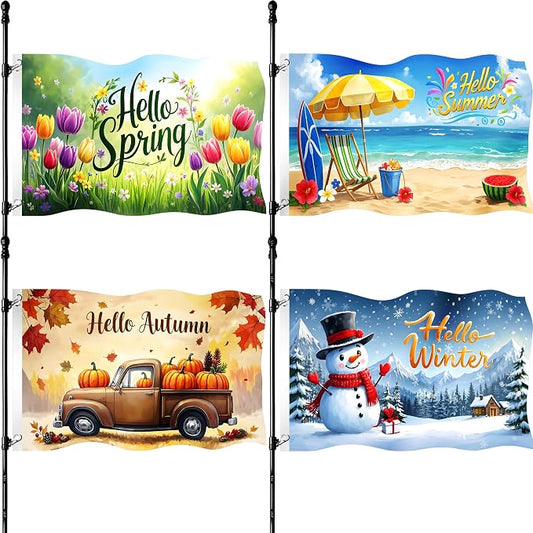 4Pcs Large Garden Flag 3x5 Ft Outdoor Double Sided Four Seasons Yard Flags with 2 Grommets Hello Spring Summer Autumn Winter Holiday Flag Banner for Outdoor Indoor Decor Backdrop