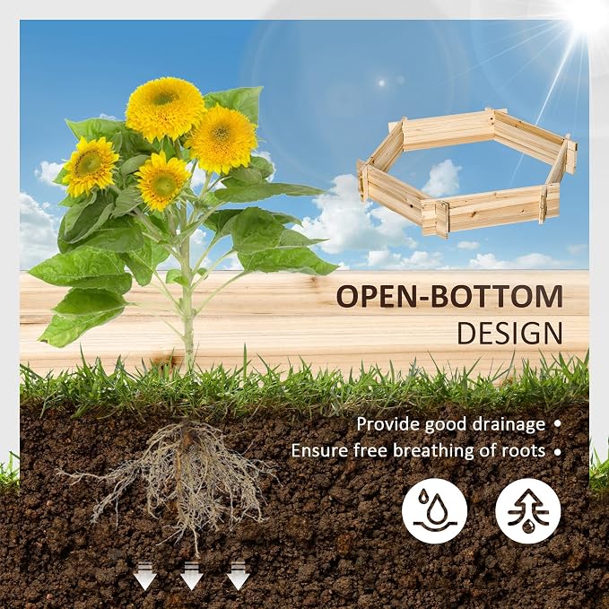 Outsunny Wooden Raised Garden Bed, Hexagon Screwless Outdoor Planter Box Plants, Vegetables, Flowers, Herbs, 39" x 36" x 6", Natural Wood