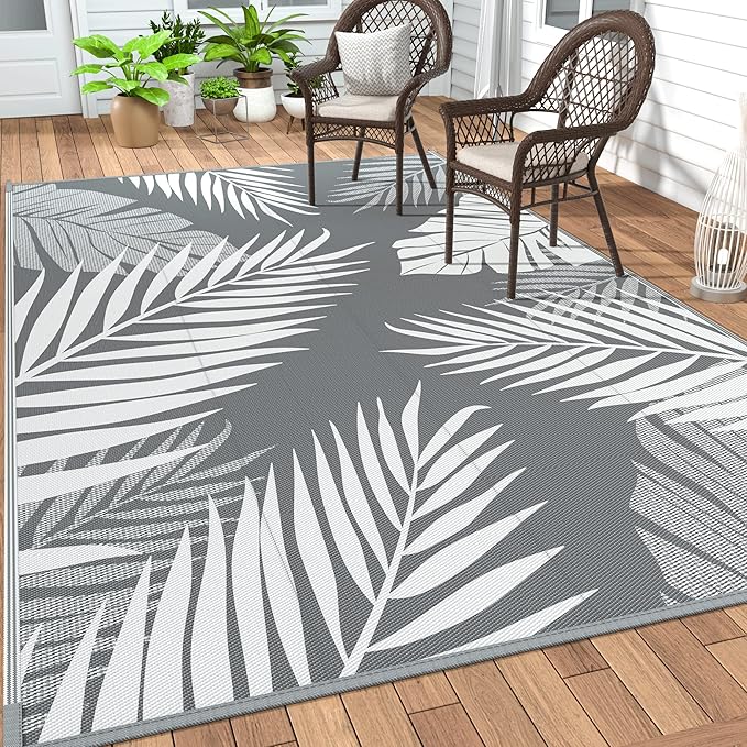 GENIMO Outdoor Rug 8' x 16' Waterproof for Patios Clearance, Reversible Outdoor Plastic Straw Camping Rug Carpet, Large Area Rugs Mats for RV, Camper, Deck, Balcony, Porch, Beach, Picnic, Grey&White
