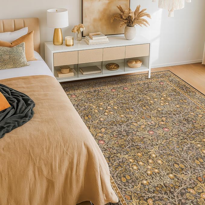 Washable Living Room Rug 6x9 - Brown Oriental Area Rug for Bedroom, Dining Room Rug for Under Table, Low Pile Non-Slip Floor Carpet for Home Office, Study Room - Vintage Design & Stain Resistance