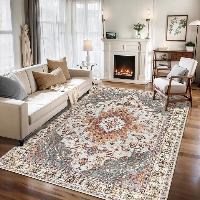 Tangsoo 5x7 Washable Area Rugs for Living Room, Vintage Indoor Non Slip Rug | Oriental Large Print Distressed Carpet, Farmhouse Soft Low Pile Foldable Floor Rugs for Bedroom Dining Room Office Turmeric
