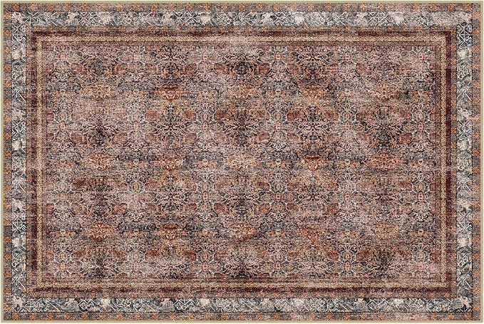 Phantoscope Washable Area Rug 8'x10' Non-Slip, Vintage Neutral Xmas Rugs for Living Room, Bedroom, Dining Room, Distressed Boho Floral Medallion Pattern, Low-Pile Foldable Carpet, Brick Red/Black