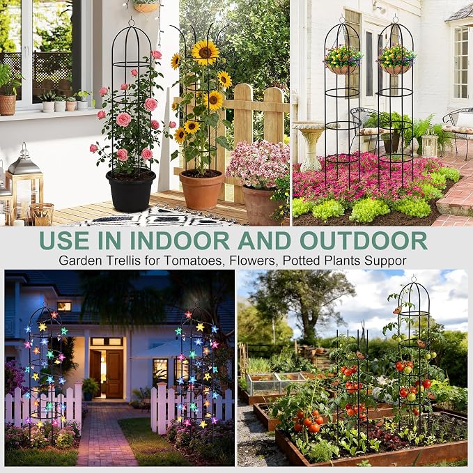 100% Metal Obelisk Garden Trellis 6.6 Feet Tall Sturdy Plant Support for Climbing Vines and Flowers Stands,2pc Upgrade Round Trellis for Pots Metal Plant Flower Trellises for Clematis Jasmine Outdoor