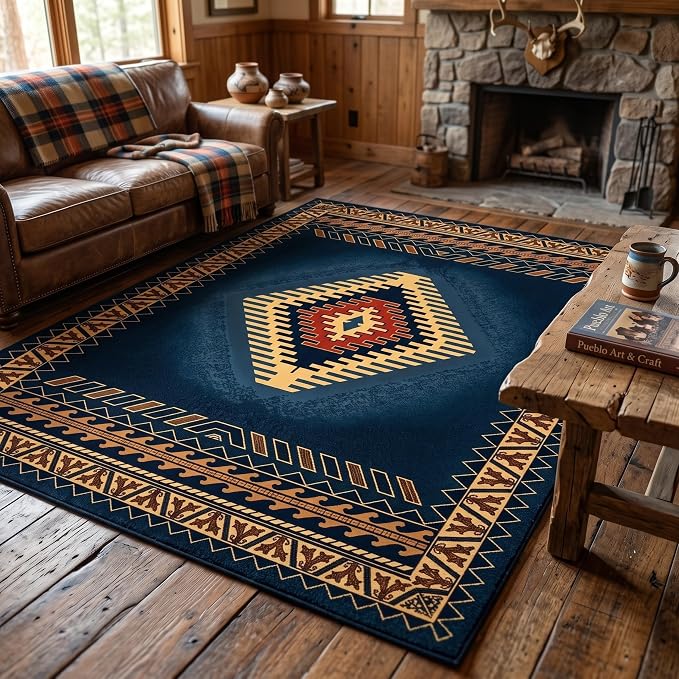Southwestern Rug, 3x5 ft Geometric Medallion Design | Washable, Non-Slip, Low Pile, Living Room, Bedroom, Dining Room, Cabin Lodge and Farmhouse Decor