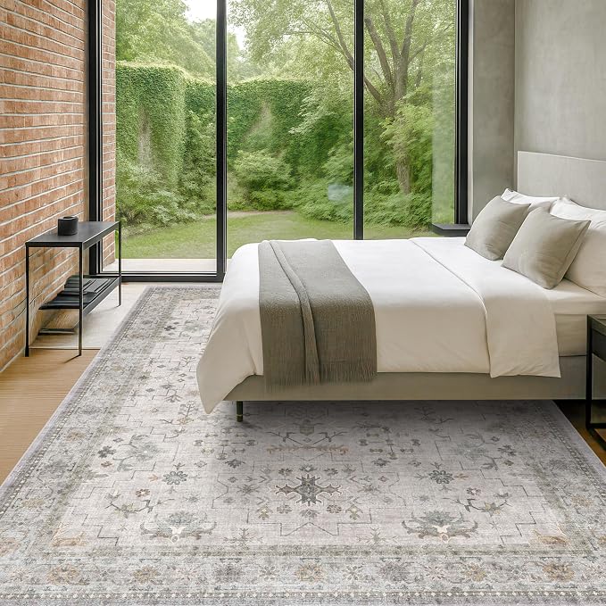 Large Light Gray & Sage 9x12 Living Room Rug - Vintage Floral Area Rug for Dining Room, Washable Low Pile Bedroom Carpet, Modern Eclectic Geometric Decor & Stain Resistance