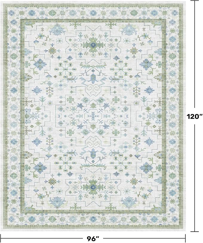 Blue and Green Living Room Rug 8x10 - Cream Oushak Vintage Boho Floral Farmhouse, Washable Low Pile Non-Slip Extra Large Area Rugs for Bedroom, Girls, Boys, Playroom, Lounge