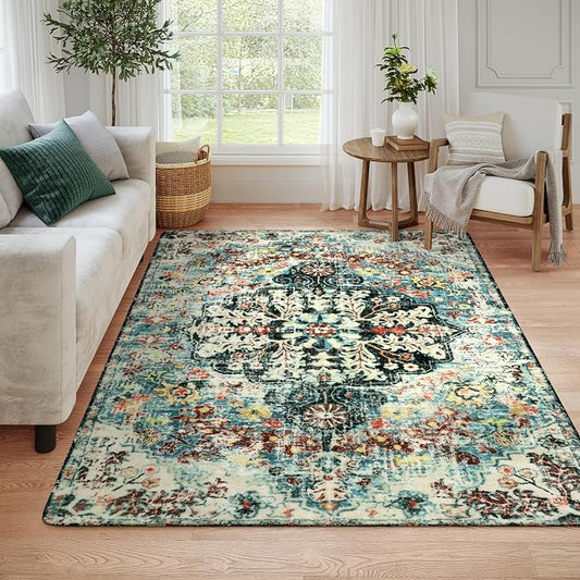 Lahome Reine Area Rugs 6x9, Washable Area Rugs for Living Room Non Slip Bedroom Dining Room Rug, Large Bohemian Soft Stain Resistant Indoor Floor Carpet for Apartment Nursery Kids Room, Teal