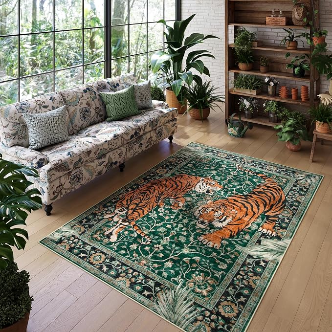 Moynesa Tiger 5x7 Area Rug, Boho Washable Living Room Rug, Non Slip Green Rugs for Bedroom, Ultra Thin Vintage Soft Stain Resistant Throw Floor Carpet for Office Dining Room