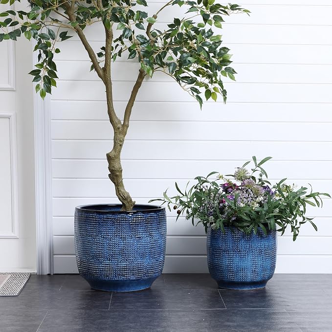 LuxenHome 12" Dia Large Ceramic Pots for Plants, Blue Glazed Planters for Outdoor Plants, Round Indoor Flower Pots with Drainage Hole and Rubber Plug for Home Garden Patio