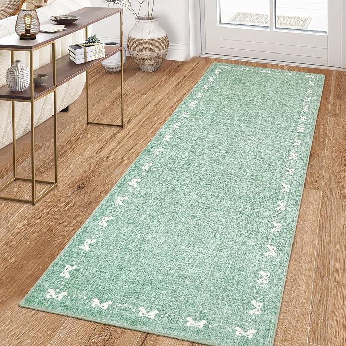 COZYLOOM Hallway Runner Rug 2x6 Bow Bordered Rug for Bedroom, Modern Solid Color Machine Washable Area Rugs Non Slip Stain Resistant Soft Carpet for Kitchen, Entryway, Bathroom, Green
