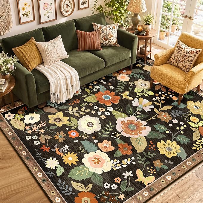 RELEANY Floral Washable 9x12 Area Rugs Black/Yellow | Flower Carpet, Print, Boho, Non-Slip, Easy to Clean, Soft, Low Pile for Living Room Bedroom Kitchen Office Entryway Hallway