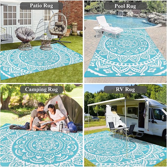 Bsmathom Waterproof Outdoor Rug 9x12ft Large Reversible Boho Plastic Straw Patio Deck Camping Rugs, Indoor Outdoor Portable RV Mat Carpet for Outside, Porch, Balcony, Backyard, Beach, Pool,Teal
