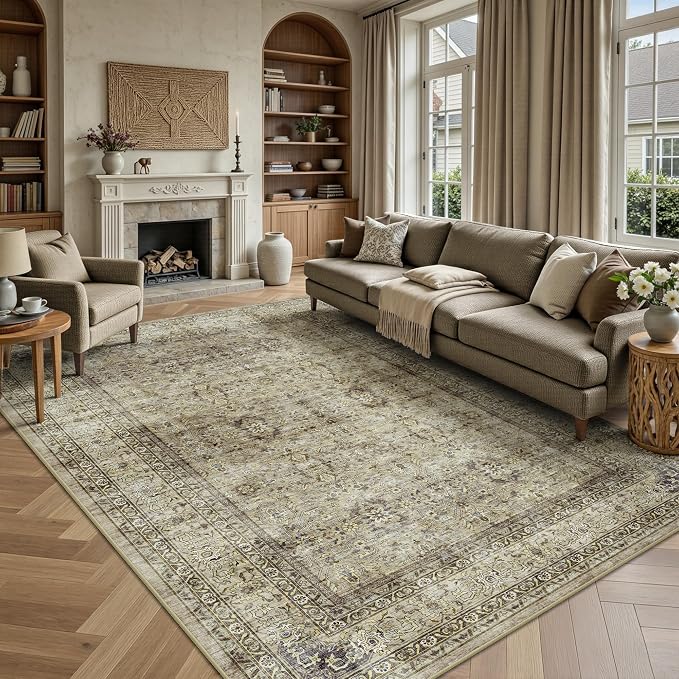 6x9 Area Rugs - Washable Vintage Retro Living Room Rug, Soft Ultra Thin Non Slip Low Pile Traditional Distressed Boho Carpet for Bedroom Dining Room Nursery Home Office, Beige Brown