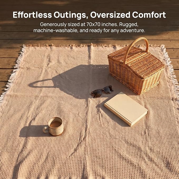 70"x 70" Picnic Blanket Extra Large,Layer Outdoor Blanket for 5 to 7 Adults,Camping Grass Lawn Park Accessories Cute Couple Gifts Ideas Wedding Registry for Park, Beach (Khaki)