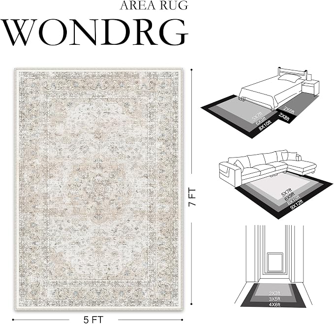 2x6 Washable Runner Rug Beige Grey Non Slip Vintage Carpet | Low Pile, Stain Resistant, Hallway, Kitchen, Bedroom, Entryway, Laundry Room, Soft, Thin, Lightweight
