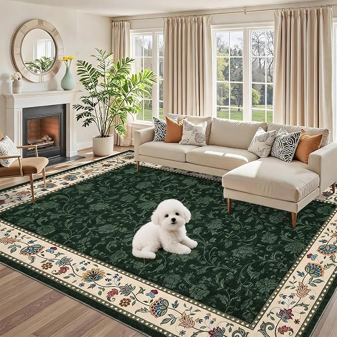 Garvee Large Area Rug 10x13 Rugs Vintage Floral Washable Rug | Green Boho Border Area Rug Stain Resistant Easy Cleaning Throw Rugs Low Pile Floor Cover for Nursery Dining Room Apartment
