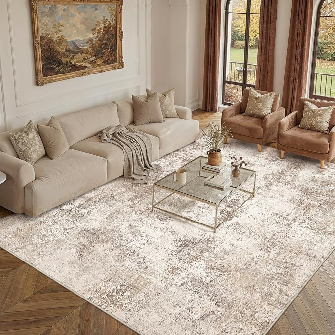 8x10 Brown Modern Abstract Washable Area Rug for Living Room | Low Pile, Non Slip, Modern Abstract Style, Soft Large Area Rug for Living Room, Bedroom, Dining Room, Office, Home Decor