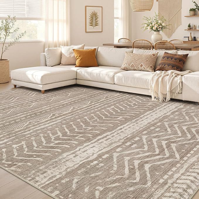 Nakagishi 12x15 Area Rug Living Room: Washable Boho Large Neutral Modern Soft Farmhouse Rugs Stain Resistant Indoor Floor Non-Slip Carpet for Bedroom Kids Playroom Office Dining Room- Dark Brown