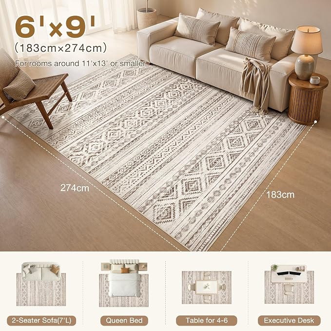 cotiled 6x9 Area Rugs for Living Room: Boho Washable Rug for Dining Room | Stain Resistan Indoor Soft Carpet for Bedroom Nursery Dark Brown