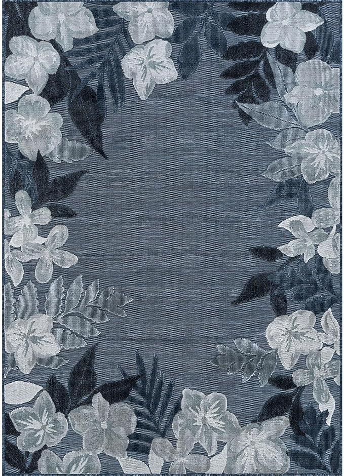 Outdoor Rug 9x12 Washable Area Rugs Indoor Outdoor Carpets Navy Border Floral Non Shedding Waterproof Easy Clean Patio Deck Porch Living Room Bedroom Garden RV (9 X 12 Navy)