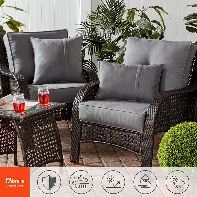 Sunbrella Deep Seat Cushion Set – Seat & Back Cushions for Patio Chairs, Sofas & Loveseats – Fade Resistant Outdoor Fabric, Ties, Zippered Cover, Cord Trim, Cast Slate