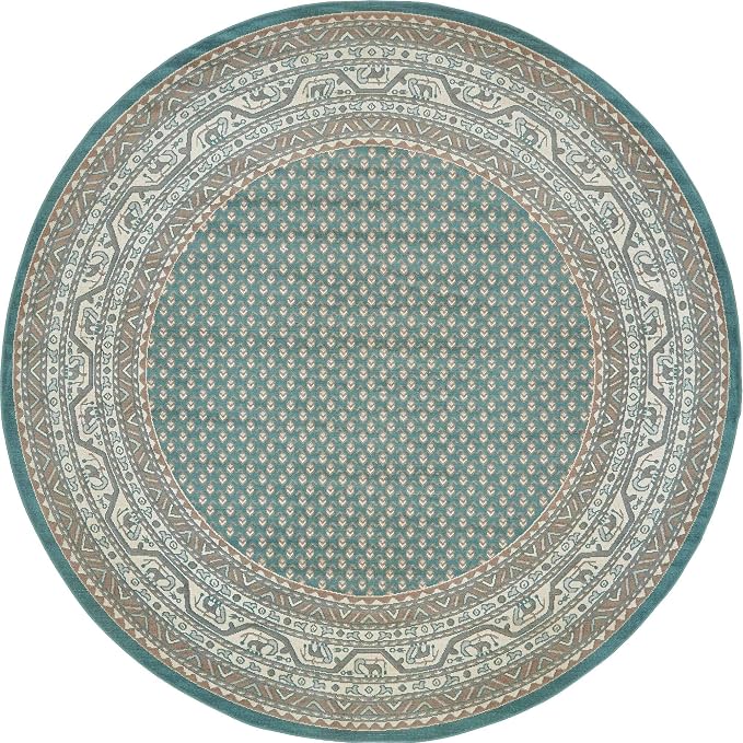 Unique Loom Williamsburg Collection Traditional Border with Dotted Center Area Rug, Round 8' 0" x 8' 0", Teal/Beige