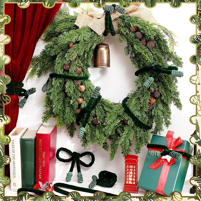 Jutom 16 Pcs 25 Inches Christmas Velvet Garland Ties Decorative Banister Twist Ties Reusable and Flexible for Xmas Light Banisters Home Stairways Railings Decoration(Green)