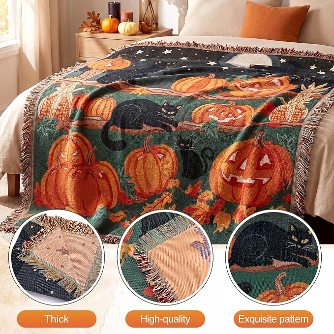 Moukeren 60 x 50 Inch Halloween Woven Tapestry Blanket with Pumpkin and Cat with Colorful Tassels for Couch Sofa Chair, and Wall Hanging Home Decor
