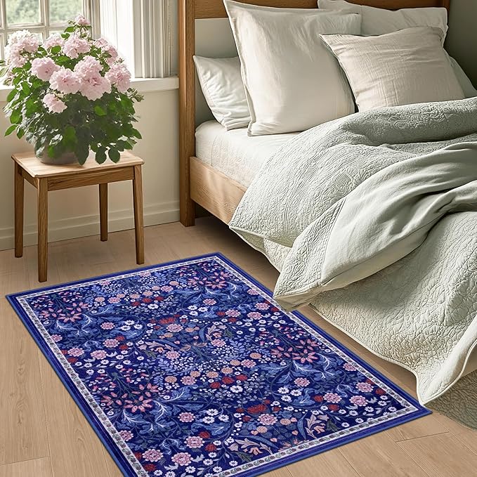 PLHXFR 2x3 Small Entryway Rug: Floral Washable Indoor Soft Carpet Blue | For Entrance, Bedroom, Kitchen, Laundry, Bathroom,Door Mat,Vintage Floral,Machine washable,Non-Slip,Stain Resistant,Indoor