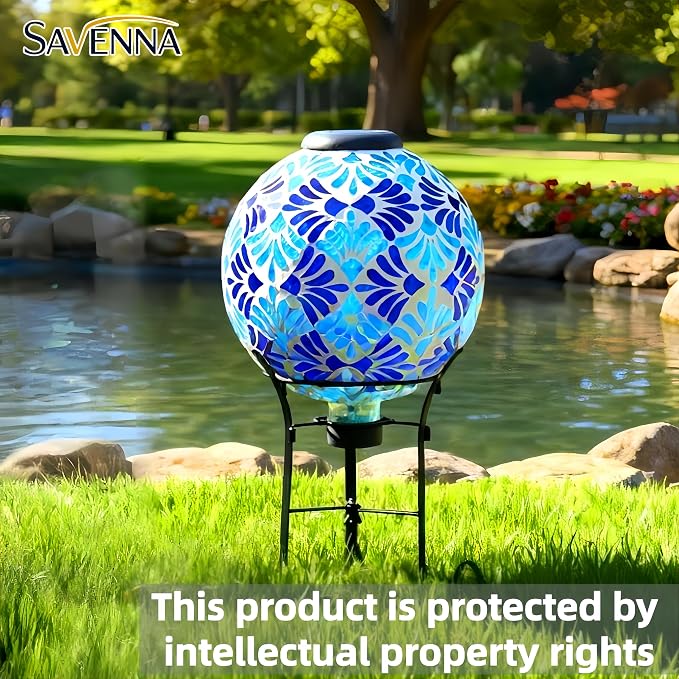 SAVENNA Mosaic Solar Gazing Ball 10 Inch, Glass Garden Globe with Auto On/Off for Yard, Lawn & Outdoor Decor, Blue Mosaic