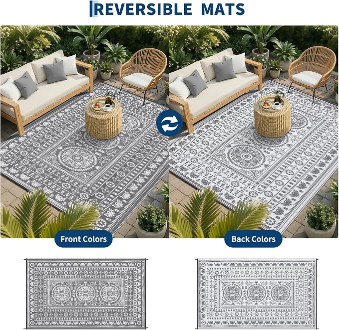 Garvee Reversible Outdoor Rug 9x18 for Patio, Waterproof Outdoor Area Rug, Modern Medallion Indoor Outdoor Rugs, Plastic Straw Rug for RV, Camping, Deck, Vintage Grey